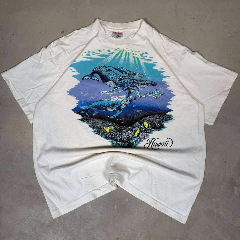 Vintage 1992 Tee Jays Hawaii Whale Dolphin T-Shirt XL White Single Stitch USA